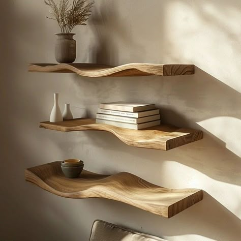 Sleek and Modern: The Versatility of Floating Shelves 🌿✨ Floating shelves bring a contemporary touch to any room. Ideal for creating a stylish, clutter-free environment. Bookshelf Unique, Branch Shelves, Wavy Shelf, Live Edge Floating Shelves, Books Shelf, Driftwood Shelf, Bookshelf Wall, Long Floating Shelves, Floating Bookshelf