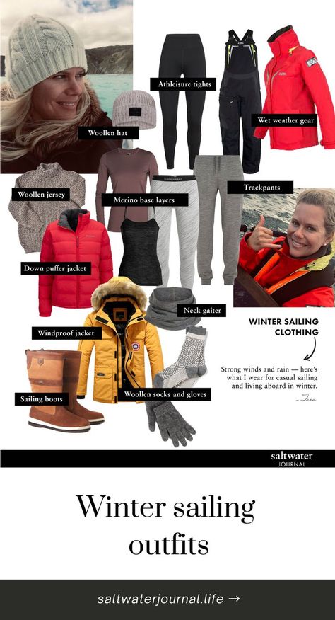 Layout of winter clothing outfits including merino thermals, woollen hat, gloves, scarf, jersey, trackpants, sailing boots and wet weather gear. Liveaboard Sailboat, Sailboat Living, Woolen Socks, Boat Interiors, What Not To Wear, Windproof Jacket, On The Ocean, Sailing Outfit, Beauty Must Haves