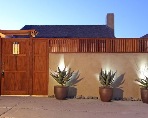 Stucco Fence Design, Pictures, Remodel, Decor and Ideas - page 3 Fence Colours, Gray Brick, Mediterranean Exterior, Fence Planters, Concrete Fence, Brick Fence, Wood Gate, Front Yard Fence, Stucco Walls