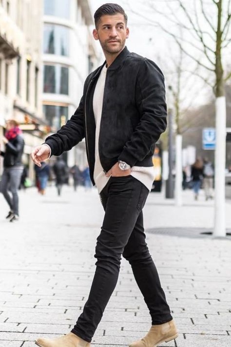 The Denim Look Black Chelsea Boots Men Outfit, Chelsea Boot Outfit, Suede Boots Outfit, Black Suede Chelsea Boots, Black Leather Jacket Outfit, Chelsea Boots Men Outfit, Mens Suede Boots, Chelsea Boots Outfit, Boots Men Outfit