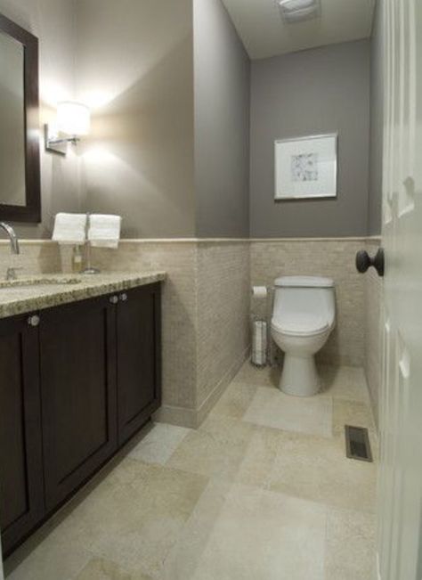 Half tile wall around toilet - a must have in small spaces Beige Tile Bathroom, Grey Bathroom Paint, Gray Bathroom Walls, Bathroom Grey, Trendy Bathroom Tiles, Painting Bathroom Cabinets, Bathroom Color Schemes, Travertine Floors, Gray Walls