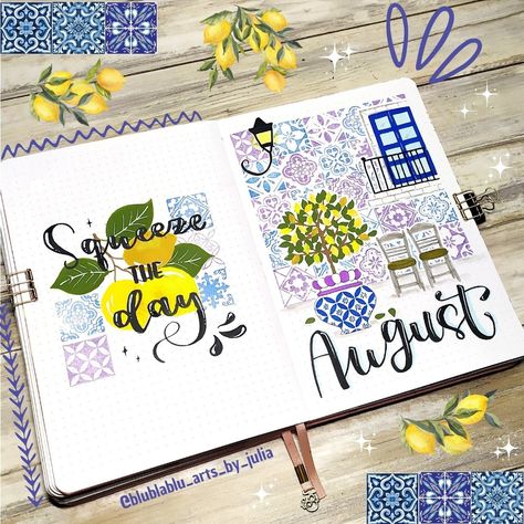 #bujo #bulletjournal #coverpage #mediterranean #tile #lemon #illustration #lettering #archerandolive #journaljunkies #bujobeauties #planner #beproductive Italy Bullet Journal, August Cover Page, 2025 Bujo, August Journal, Bujo 2023, 2024 Bujo, Bullet Journal August, Bullet Journal September, Mediterranean Vibes