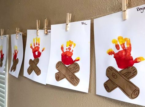 Handprint Campfire Art & Craft for Preschoolers | TeachersMag.com Handprint Campfire, Campfire Art, Camping Theme Preschool, Mountain Crafts, Camping Coloring Pages, Craft For Preschoolers, Camping Theme Classroom, Fun Summer Crafts, Baby Art Projects