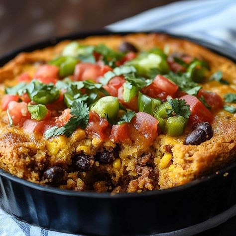 Fiesta Cornbread Taco Bake, Cornbread Taco Bake Casserole, Taco Casserole Bake With Cornbread, Fiesta Cornbread, Cornbread Taco Bake, Taco Cornbread, Cornbread Taco, Dinner Ideas Recipes, Cheesy Potato Bake