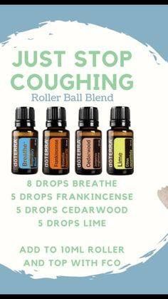 Cough Doterra, Essential Oils Cough, Rollerball Recipes, Essential Oil Roller Bottle Recipes, Doterra Oils Recipes, Roller Blends, Doterra Oil, Essential Oils For Colds, Essential Oil Combinations