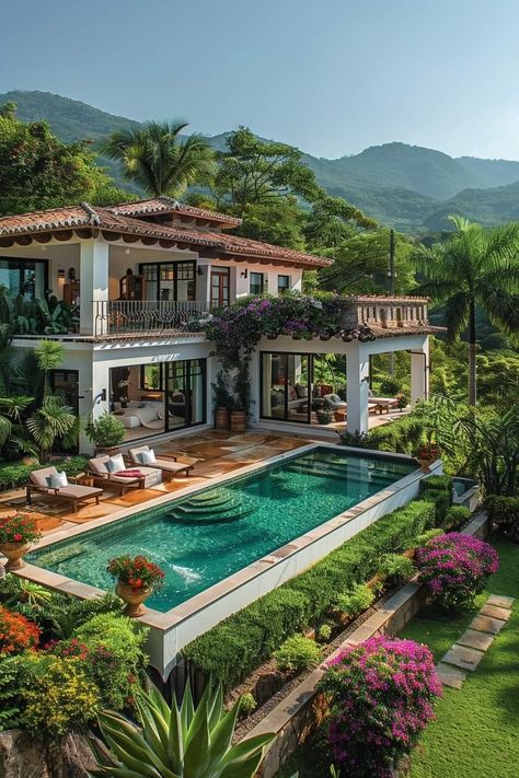 Island Villa Exterior, 3 Villas Together, Caribbean Villa Design, Brazil Mansion, Jungle House Interior, Hawaiian House Exterior, Dominican Republic Houses, Caribbean Homes Exterior, Caribbean House Design