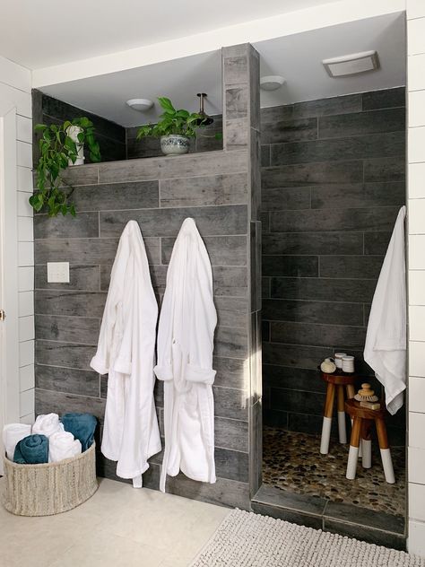 Walk-in Wood Tile shower with pebble floor Cabin Bathroom, Cabin Bathrooms, Tiled Shower, Bathroom Redesign, Master Bath Remodel, Bathroom Remodel Designs, Bathroom Remodel Shower, Upstairs Bathrooms, Safe Haven