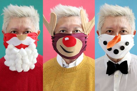 © Jonathan FongBy Jonathan Fong, eHowThis holiday season, don't let wearing a mask make you a grinch. Masks can be fun. Here are three festive masks you can make yourself with absolutely no sewing required. They are made with two layers of t-shirt fabric, with only the top layer decorated. Since the two layers are not sewn together, you can easily separate them and wash the layer that touches your face. So, will you be Santa, Rudolph or Frosty the Snowman? No matter which mask you wear, you'll b Christmas Mask Ideas, Diy Christmas Masks, Scarecrow Mask, Masks Ideas, Reindeer Noses, Simple Rangoli Designs Images, Holiday Crafts Diy, Reindeer Face, Snowman Faces