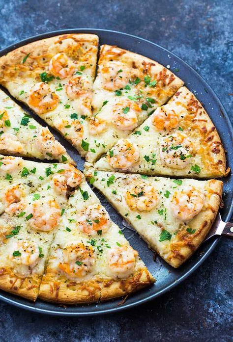 Shrimp Scampi Pizza | The Blond Cook Shrimp Scampi Pizza, Scampi Pizza, Seafood Pizza Recipes, Shrimp Pizza, Seafood Pizza, Pizza Vegana, Cheesy Pizza, Shrimp Scampi Recipe, Scampi Recipe