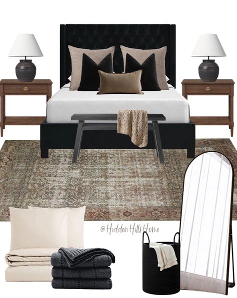 Black Tufted Bed Decor Bedroom Ideas, Malm Black Bed, Mirror Above Nightstand Bedroom Ideas, Black Velvet Headboard Bedroom, Bedding Black Headboard, Neutral Bedroom With Black Bed Frame, Black Tufted Headboard Bedroom, Bed With Black Headboard, Black Tufted Bedroom Ideas