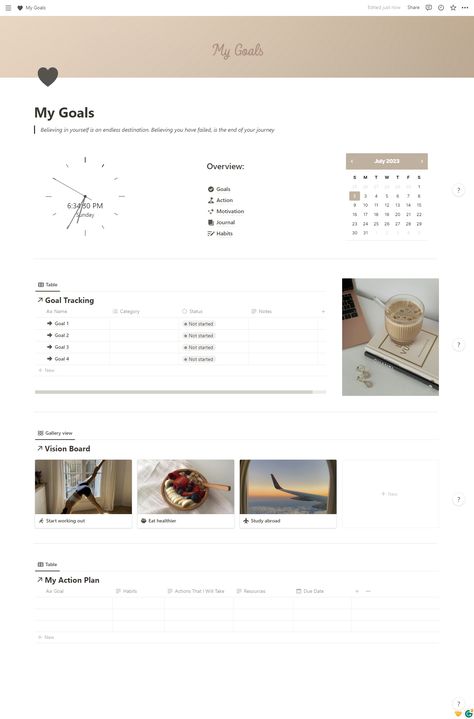 Goals Notion Page, Goals Page Notion, Notion Goals Page, Notion Manifestation, Vision Board Notion, Manifestation Template, Goal Tracker Template, Notion Journal, Project Planner Template