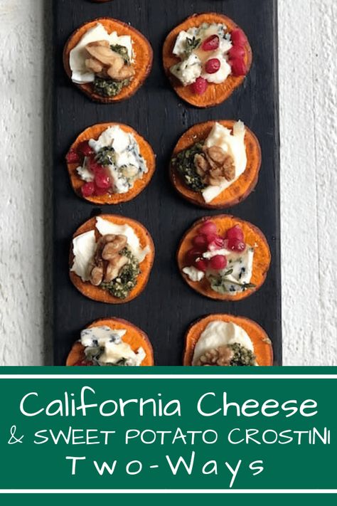 #sponsored California Cheese & Sweet Potato Crostini, Two Ways: A healthful, easy way to do appetizers that pairs crispy sweet potato rounds with creamy Real California cheeses. The recipe makes roughly 32 appetizers, but can easily be doubled. #momskitchenhandbook #californiacheese #sweetpotato #crostinis #partyappetizers Sweet Potato Crostini, Legume Recipes, Sweet Potato Rounds, Crostini Appetizer, Potato Rounds, Healthy Appetizer, Crostini Recipes, Crispy Sweet Potato, Vegetarian Appetizers