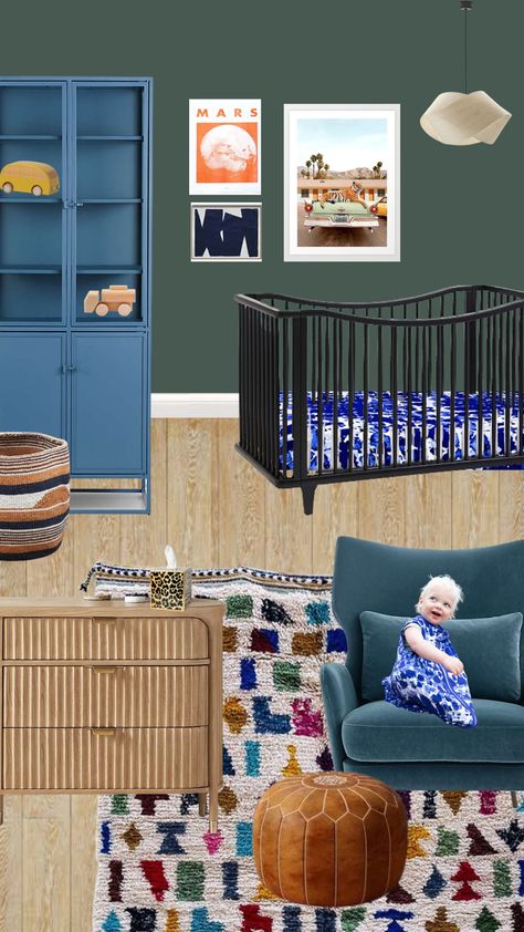 Green nursery with blue and black furniture and a colorful rug, designed by MiliMili Country Club Nursery, Colorful Baby Boy Nursery, Bright Blue Nursery, Blue Green Orange Nursery, Bold Nursery Ideas, Colorful Boy Nursery, Eclectic Nursery Boy, Blue Checkered Nursery, Funky Nursery