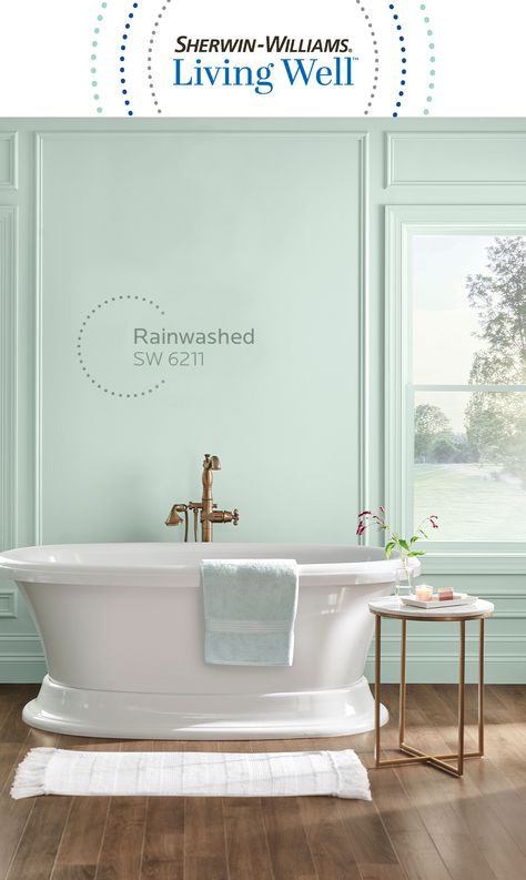 Help prevent the growth of mold and mildew on your bathroom walls thanks to SuperPaint® with Sanitizing Technology, one of two products from the Sherwin-Williams Living Well™ collection. Tap this pin to see all 540 neutral and mid-tone colors, including Rainwashed SW 6211 from the Recharge palette. #SWLivingWell #sherwinwilliams #recharge #paint #innovation #diy #colorinspiration Sw Rainwashed, Sherwin Williams Rainwashed, Rainwashed Sherwin Williams, Indoor Painting, Bathroom Wall Colors, Paint Collection, Free Painting, Bathroom Paint, Life Paint