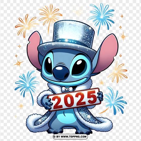 2025 New Year Color, Stitch New Year Wallpaper, New Year Character Design, Cute New Year Wallpaper, New Years Cartoon, New Years 2025, Stitch Happy New Year, 2025 Drawing, New Years Stickers