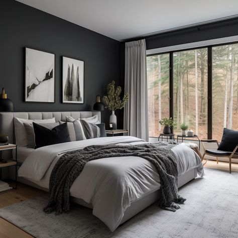 a calm bedroom with charcoal gray walls Grey Room Ideas Bedroom, Charcoal Grey Bedrooms, Gray Accent Wall Bedroom, Black White And Grey Bedroom, Grey Bedroom Colors, Grey Bedroom Paint, Charcoal Bedroom, Black And Grey Bedroom, Calm Bedroom