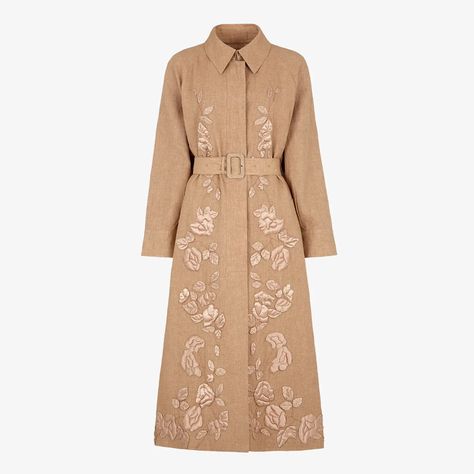 Beige linen trench coat - OVERCOAT | Fendi Overcoat Woman, Linen Trench Coat, Fendi Coat, Reversible Coat, Black Wool Coat, Embroidered Linen, Embroidery Fashion, Fitted Sweater, Covered Buttons