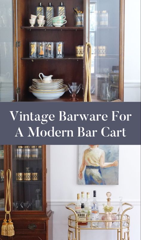 Vintage bar ware for modern bar cart Vintage Bar Cabinet Styling, Vintage Bar Set Up, Vintage Barware Display, Bar Cabinet Styling, Vintage Bar Cart Styling, Speakeasy Style, Cocktail Bar Cart, Brandy Old Fashioned, Small Bars For Home