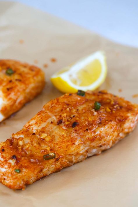 Baked Spicy Honey Halibut Halibut Recipes Baked, Flounder Recipes, Best Fish Recipes, Halibut Recipes, Fish Dinner Recipes, Best Seafood Recipes, Tilapia Recipes, Easy Fish Recipes, Honey Soy