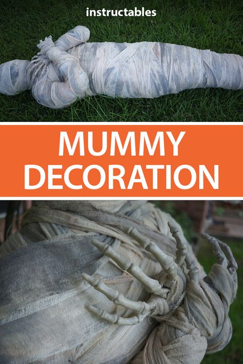 Mummy Outdoor Decorations, Halloween Mummy Decorations Diy, Diy Mummy Prop, How To Make A Mummy Decoration, Mummy Decorations Halloween, Giant Halloween Decorations Diy, Mummy Diy Decoration, Diy Halloween Hands, Diy Mummy Decorations