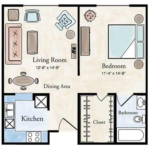 Studio Apartment Plan, Bedroom Wooden Floor, Senior Living Apartments, Senior Living Interior Design, Senior Living Design, Small Apartment Layout, Studio Apartment Floor Plans, Studio Floor Plans, Large Floor Plans