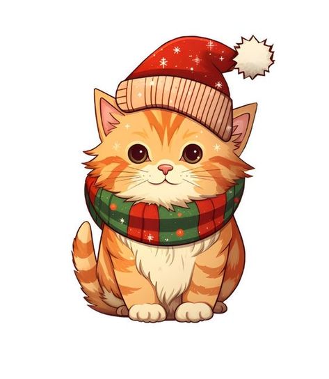 Cartoon Cat Drawing, Cute Ginger, Christmas Comics, Christmas Illustrations, Cat Sketch, Anime Christmas, Christmas Card Art, Ginger Cat, Red Cat