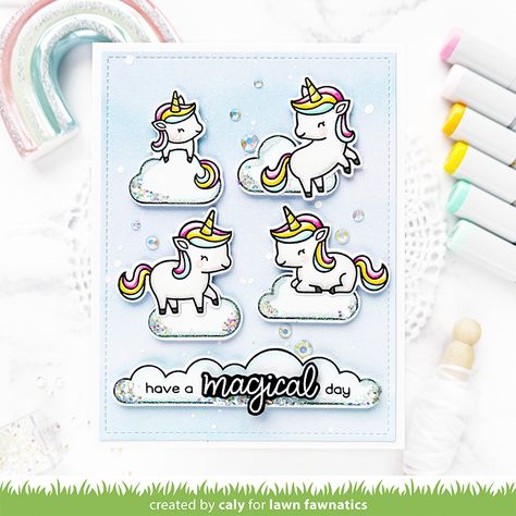 Lawn Fawnatics – Challenge #95 – Unicorn Picnic – Caly Person Lawn Fawn Unicorn, Unicorn Card, Unicorn And Glitter, Lawn Fawn Cards, Mft Cards, Rainbow Card, Card Tricks, Mft Stamps, Money Cards