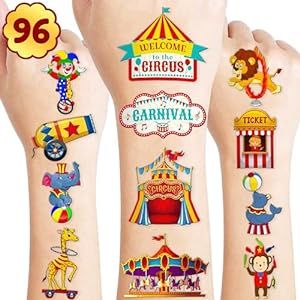 96PCS Carnival Circus Colorful Animals Temporary Tattoos Theme Birthday Party Decorations Supplies Favors Decor Cute Ticket Booth Clown Tattoo Stickers Gifts For Games Kids Boys Girls Prizes Christmas Gifts For Games, Carnival Tattoo, Carnival Tickets, Temporary Decorating, Clown Party, Ticket Booth, Carnival Circus, Tattoo Themes, Clown Tattoo