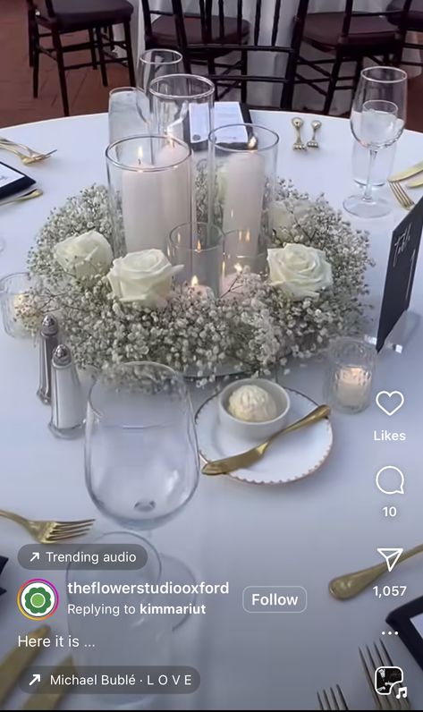 Floral Bouquet Centerpiece, Headtable Floral Arrangements Diy, Baby’s Breath Wedding Centre Pieces, Wedding Table Set Up, White And Green Wedding Centerpieces, Diy Floral Arch, Round Table Wedding, Round Table Centerpieces Wedding, Round Table Centerpiece