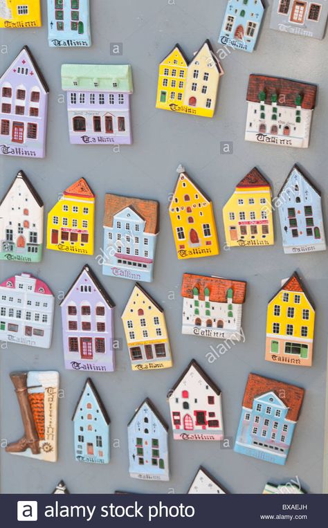 Several Tallinn Fridge Magnets on sale at a shop in Tallinn, Estonia. Stock Photo Fridge Magnets Diy Homemade, Diy Magnets Fridge, College Interior, Diy Magnets, Clay House, Homemade Clay, Homemade 3d Printer, Clay Magnets, Magnet Crafts