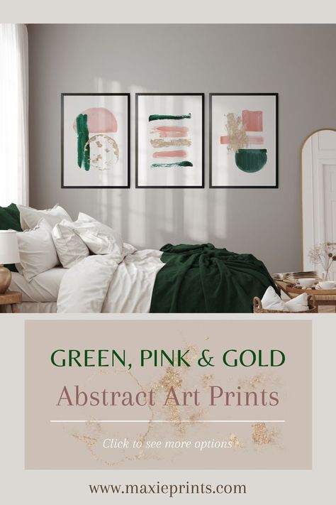 Complete your home decor using this elegant set of emerald green, blush pink and gold watercolour abstract printable wall art. These downloadable prints are in shades of gorgeous emerald green, romantic dusty pink with dreamy gold dust effect strokes . Perfect for living room, bedroom or dining room. Simply download, print and frame! #Emerald PinkDecor #DigitalDownloadArtPrints #GreenPinkGoldHomeDeco #DIYhomedecor Emerald Green Bedrooms, Dust Effect, Blush Bedroom, Gold Abstract Art, Gold Home Decor, Gold Bedroom, Minimalist Art Print, Living Room Decor Cozy, Bedroom Refresh