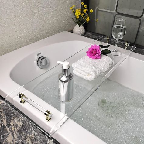 PRICES MAY VARY. Bath Tray's Size: 31"x9",can not fit big bathtub.If your bathtub longer than 31",please choose our 42" bathtub caddy tray. Material: Made by clear durable acrylic,and with gold handles,fit well with luxyry bath;Transparent tray's clear color can fit any home style. Clean-up easy:Did not make complex slots for book stand, no soap or oil gap, or other compartments or corners. It is a simple design makes clean-up easy by water or soft cloth.And you can diy the bathtub area by youse Bath Tub Table, Tub Table, Bathtub Caddy Tray, Table Caddy, Big Bathtub, Tub Tray, Bathroom Caddy, Luxury Bathtub, Bathtub Caddy