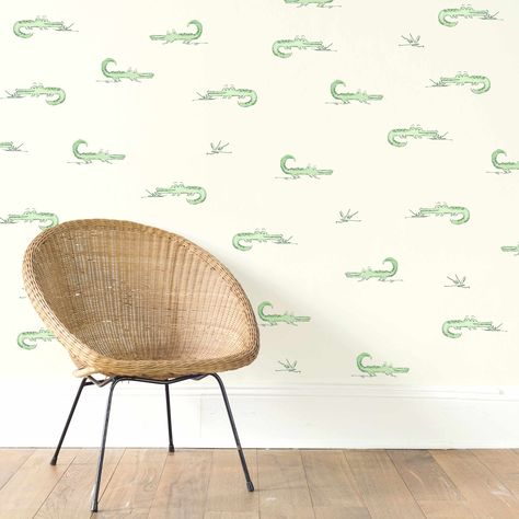 Green alligators nursery wallpaper for babies and children’s surface design Swamp Nursery, Moira Frith, Alligator Wallpaper, Alligator Nursery, Nursery Interior Design, Baby Alligator, Nursery Interior, Children's Home, Nursery Room Inspiration