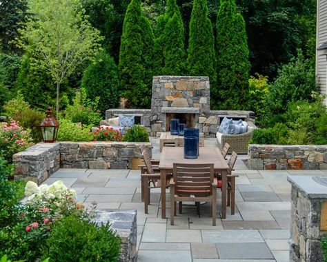 . Stone Seating, Outdoor Patio Ideas Backyards, Patio Layout, Outdoor Fireplace Designs, Bluestone Patio, Building Stone, Patio Fireplace, Outdoor Living Design, Outdoor Fireplaces