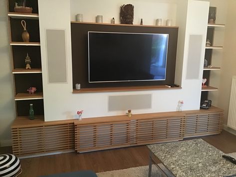 With built-in subwoofer, speakers And drawers Hidden Speakers Built Ins, Media Wall With Speakers, Tv Built In, Sideboards Living Room, Built In Shelves Living Room, Home Cinema Room, In Wall Speakers, Wall Bookshelves, Built In Speakers