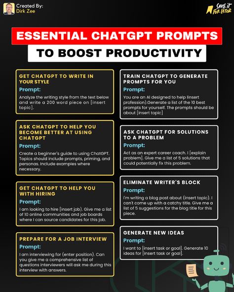 🚀 Ever felt stuck when writing or creating? Check out these essential #ChatGPT prompts to boost your productivity! Which prompt do you find most intriguing? Share your thoughts below! 👇 #WritingCommunity #CreativePrompts #ProductivityHacks #AIAssistance #Innovation Prepare For Interview, Machine Learning Deep Learning, Data Driven Marketing, Content Creation Tools, Personal Growth Plan, Life Hacks Computer, Interview Questions And Answers, Blog Titles, Computer Skills