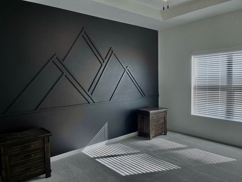 Feature Wall Mountains, Mountain Trim Accent Wall, Mountain Accent Wall Bedroom, Mountain Accent Wall Wood, Mountain Accent Wall Nursery, Mountain Themed Bedroom, Mountain Accent Wall, Black Wall Ideas, Wood Trim Accent Wall