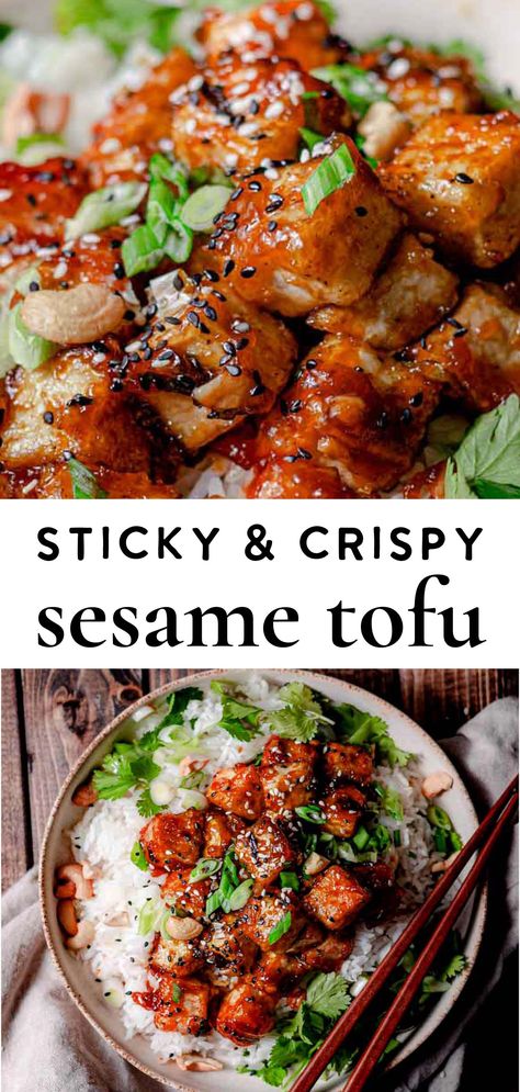 If you're in the mood for an easy weeknight dinner, this sticky sesame tofu is for you! This tofu is coated in cornstarch, pan-fried, and then coated in a thick, sticky, sweet yet savory, sesame sauce. The end result is a slightly crispy, sticky, salty, and savory tofu dish! This dish takes less than 30 minutes to make, is completely vegan, and can be gluten-free if using GF soy sauce. Vegan Dinner Asian, Dairy And Nut Free Recipes, Tofu Slices Recipes, Quick Asian Dinner, Best Vegan Dinner, Tofu Recipes Gluten Free, Vegetarian Meal Preps, Gf Vegetarian Dinner Recipes, Flavorful Tofu Recipes