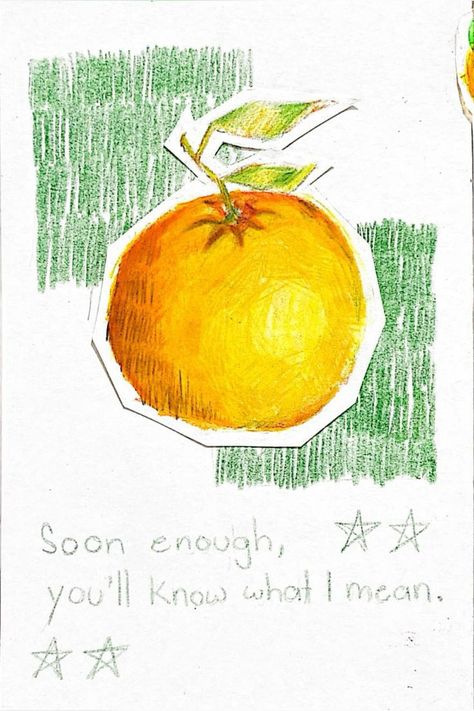 Green And Red Drawing, Drawing Of An Orange, Colorful Art Sketches, Orange Peel Drawing, Fruit Color Pencil Drawing, Orange Slice Drawing, Quick Art Ideas, Random Objects To Draw, Orange Drawings