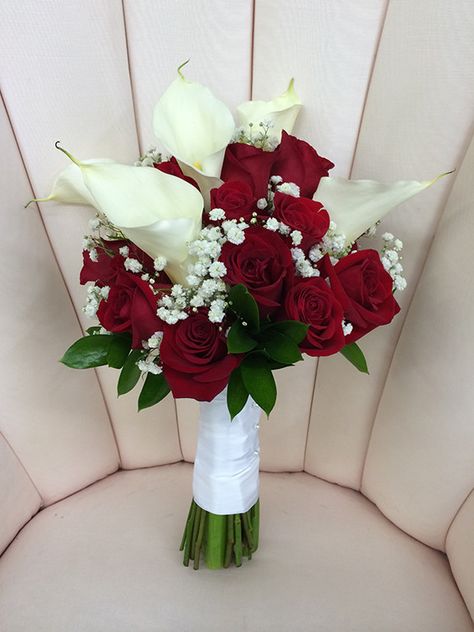 Rose and Calla Lily #Bouquet Price: $100.00 complementary mix of roses and large calla lilies accented with baby's breath. Bridal Bouquet Calla Lillies, Bridal Bouquet Calla, Calla Lillies Bouquet, Rose And Lily Bouquet, White Lily Bouquet, Prom Flowers Bouquet, Calla Lily Bouquet, Red Bouquet Wedding, Red Bouquet