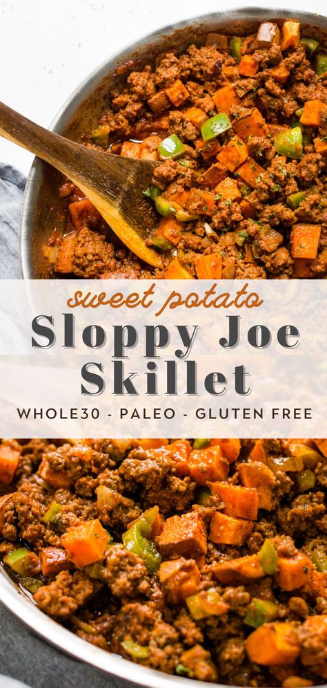 This Sweet Potato Sloppy Joe Skillet recipe is a healthy version of a comfort food favorite, without the buns! It's easy to make in under 30 minutes, delicious, and loaded with simple ingredients. Perfect for a quick weeknight dinner! Paleo, Whole30, and gluten free too!