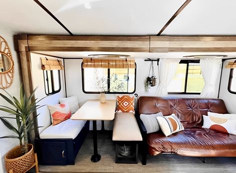 How much does an RV renovation cost? (+ how to save money!) Camper Seating Remodel, Rv Banquette Remodel, Rv Booth Makeover, Rv Dinnete Remodel, Camper Seating Ideas, U Shaped Dinette Rv Makeover, Rv Table Makeover, Dinnete Ideas, Camper Dining Booth Remodel