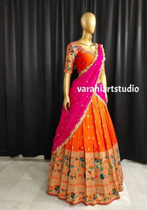 For orders what's app number 82959 63479 Pythani Pattu Half Sarees, Latest Lehanga Models, Lehanga Models, Green Blouse Designs, Indigo Saree, Bangle Ceremony, Traditional Lehenga, Half Saree Function, Langa Voni