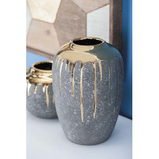 Grey Vases You'll Love | Wayfair Dripping Gold, Gold Urn, Statement Lamp, Large Ceramic Vase, Gold Drip, Grey Vases, Gold Vase, Cosmoliving By Cosmopolitan, Rustic Pottery