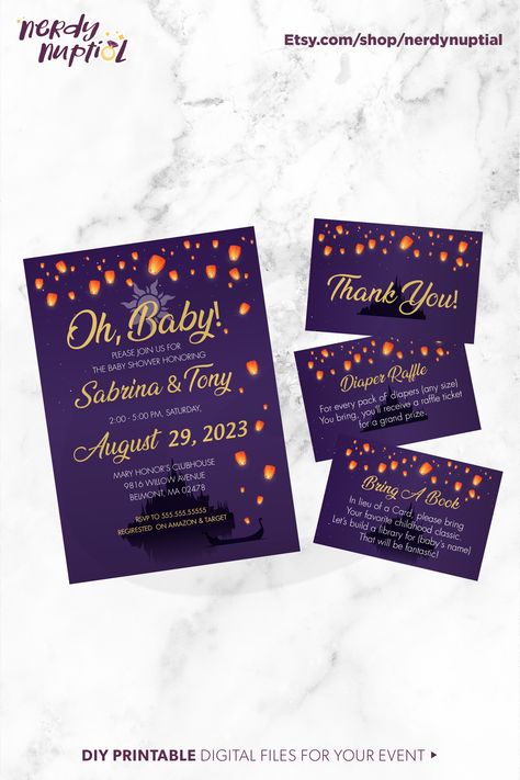 Rapunzel Baby Shower Ideas, Tangled Baby Shower Ideas, Tangled Invitations, Shower Funny, Rapunzel Wedding, Royal Invitation, Nerdy Wedding, Disney Baby Shower, Rapunzel Tangled