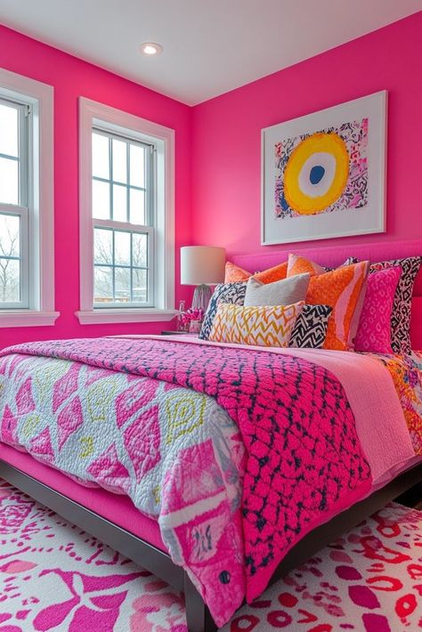 Bright Pink Bedroom, Fantasy Bedroom Ideas, Hot Pink Room, Hot Pink Bedrooms, Cloud Bedroom, Pink Bedroom Walls, Pink Girl Room, Fantasy Bedroom, Rose Fushia