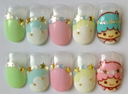 Twin Star Nails, Cute Nail Designs Sanrio, Little Twin Stars Nails, Usahana Sanrio Nails, Sanrio Gel X Nails, Kawaii Nail Charm Designs, Star Nail Art, Nail Salon Design, Ballerina Nails