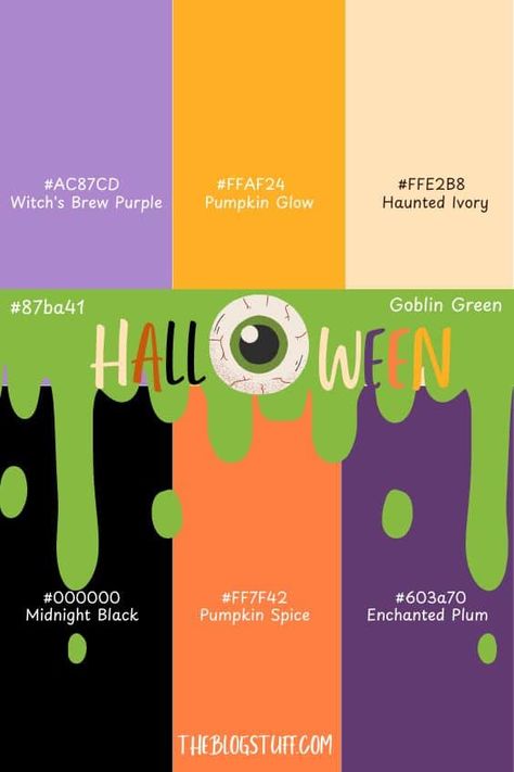 Halloween Color Palette 2024: 27 Schemes for a Spooky Season Purple Halloween Color Palette, Halloween Color Combos, Halloween Hex Codes, Halloween Color Palette Hex Code, Pink Halloween Color Palette, Retro Halloween Color Palette, Witchy Color Palette Hex Codes, Cute Halloween Color Palette, Hocus Pocus Color Palette