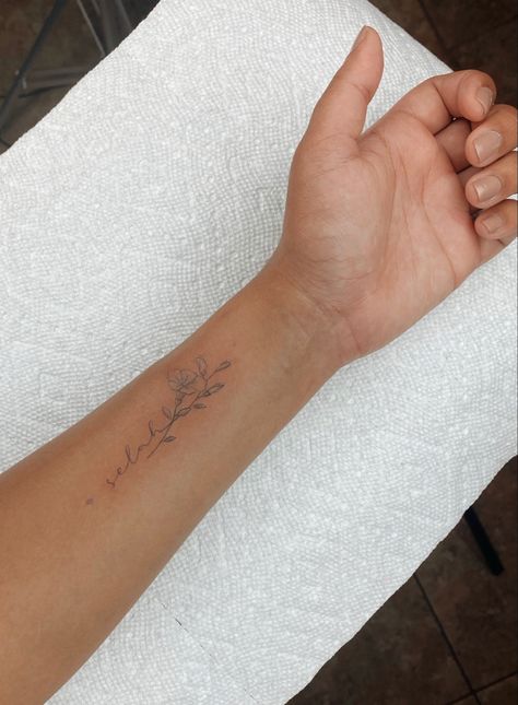 tattoo selah Virgo morning glory fineline Word Tattoo With Flowers, Fine Line Forearm Tattoos, Floral Inner Wrist Tattoo, Word Into Flower Tattoo, Simple Flower Tattoo With Words, Floral Word Tattoo, Fine Line Scripture Tattoo, Selah Tattoo Ideas, Handwriting Tattoo With Flower