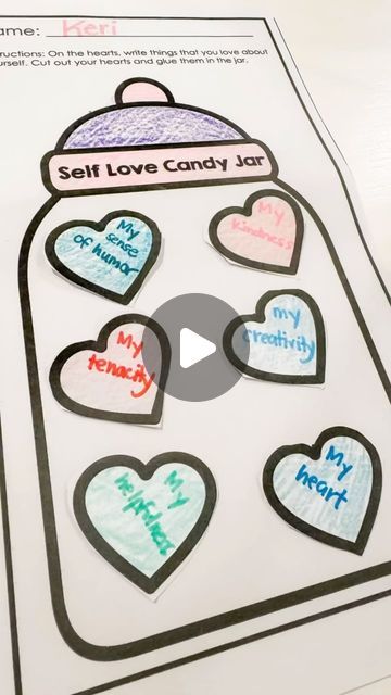 Keri Powers, Counselor Keri ®️ on Instagram: "💕🍬 self love candy jar! This lesson has a mindfulness activity and a craft to explore self love - important all the time but fits perfectly around Valentine’s Day! 😍 LMK if you want this lesson - comment “candy jar” below and I’ll DM you the link! #schoolcounseling #schoolcounselor #valentinesday #selflove #selfloveforkids #valentinecraft #valentinescraft #iteachtoo #schoolcounselorsofig #schoolcounselorsofinstagram" Self Love Activity, Counselor Keri, Mindfulness Activity, Jar Of Hearts, Mindfulness Activities, Candy Jar, Love Craft, School Counselor, School Counseling